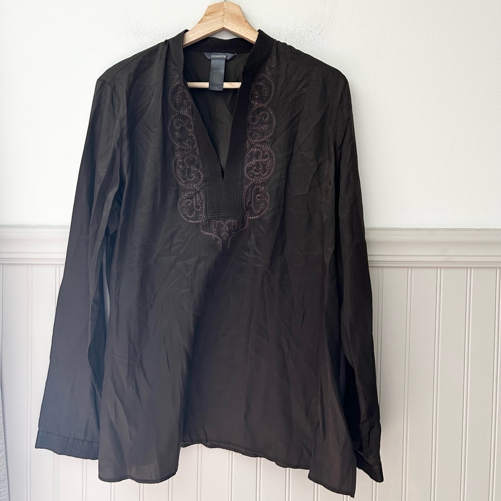 Vintage Liz Claiborne Large Dark Brown Silk Blend Blouse Embroidered Detail